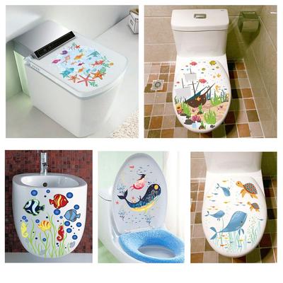 Bathroom Commode Ornament Mural Art Cartoon Fish Toilet Stickers Sea-lives Decals Underwater World