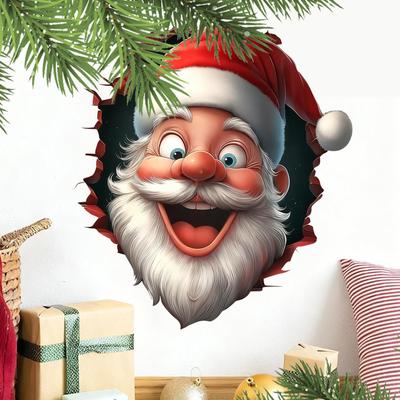 Adesivo de Papai Noel Quebrando a Parede Efeito 3D Descolar e Colar Desenhos Animados Engraçados de Natal Adesivos para Decoração de Casa nas Férias de Inverno