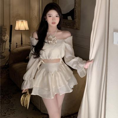 Two Piece Set Women Slash Neck Drawstring Flower Blouse Halter Shirts High Waist Puffy Layered Mini Skirts Solid Crop Top