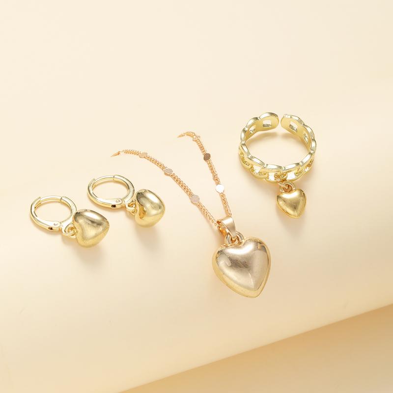 4Pcs/Set Vintage Love Heart Pendant Necklace Ring Hoop Earring for Women Simple Gold Color Smooth Jewelry Set Elegant Party Gift
