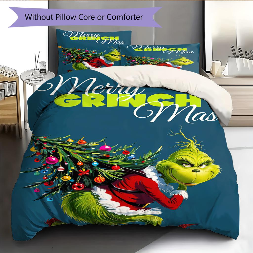 1 ST Grinch patroon Beddengoed Dekbed Set Dekbedovertrek Kussensloop Huisdecoratie Verjaardagscadeau (1 dekbedovertrek + 2 kussenslopen, zonder binnenkussen)