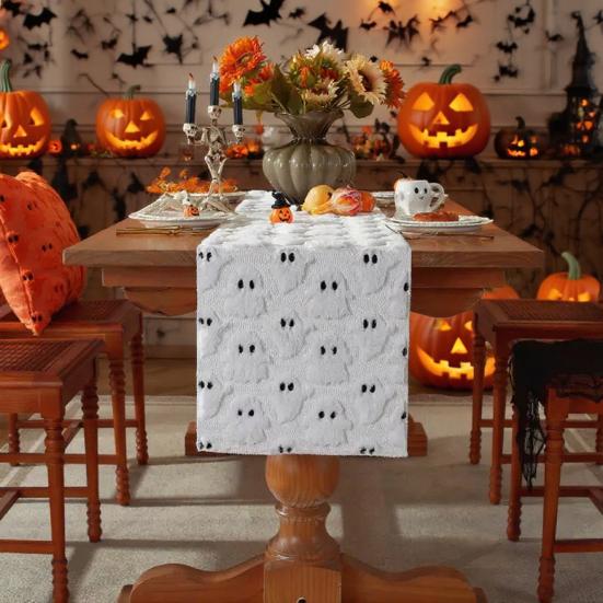 Ghost Pattern Table Runner Plush Faux Fur Jacquard Table Flag Halloween Decoration Halloween Party Supplies