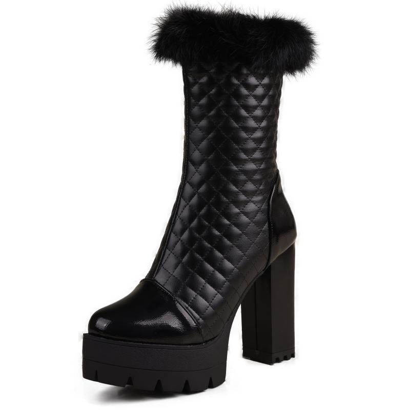 

Женские ботильоны на платформе, зимняя обувь, сексуальные высокие каблуки, короткие зимние ботинки, белые, черные, меховая обувь, женский большой размер 45, водонепроницаемые 46 чёрный