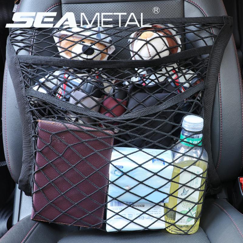 SEAMETAL Car Storage Net Front Seat Organizer Double Layer Mesh Net Elastic Expandable Mesh Bag Interior Accessories