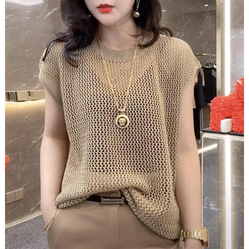 Niche Design Sense Hollow Thin Half-sleeved Women's Sweater, Summer New Style Black Sexy Chic Loose Short-sleeved Top