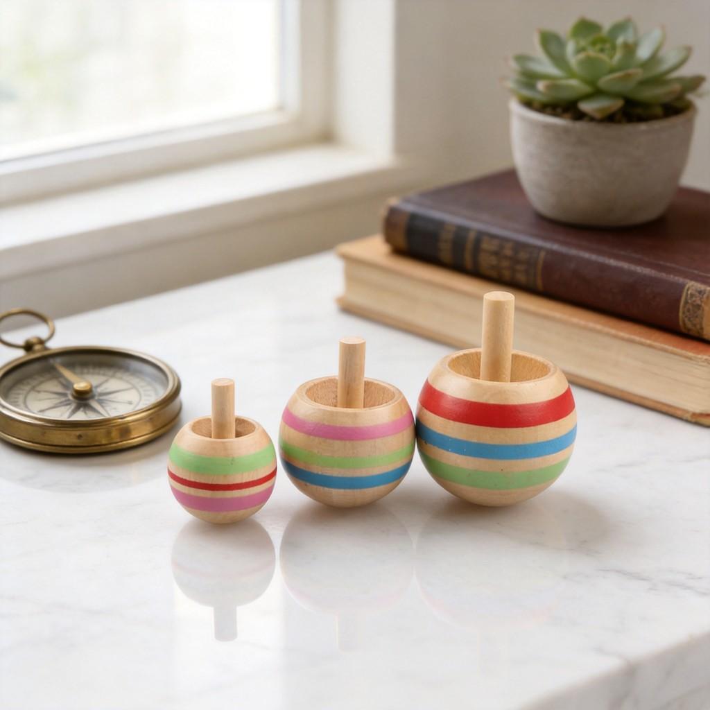 Wooden Spin Toy Set For Kids And Adults With Handoperated Rotation Fun