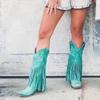 Women's Retro Handmade Pointed Toe Mid-Calf Fringe Boots with Chunky High Heels 