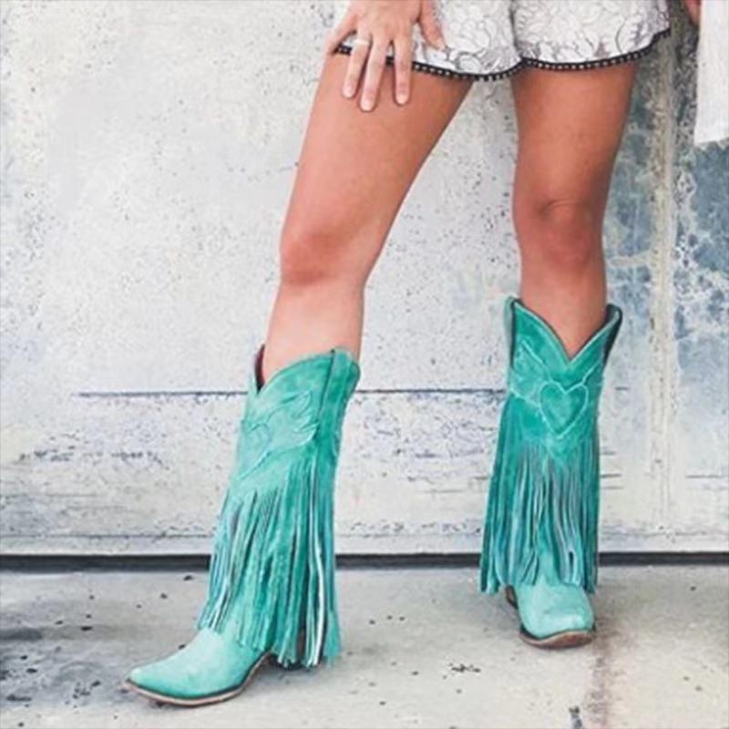 Women's Retro Handmade Pointed Toe Mid-Calf Fringe Boots with Chunky High Heels 