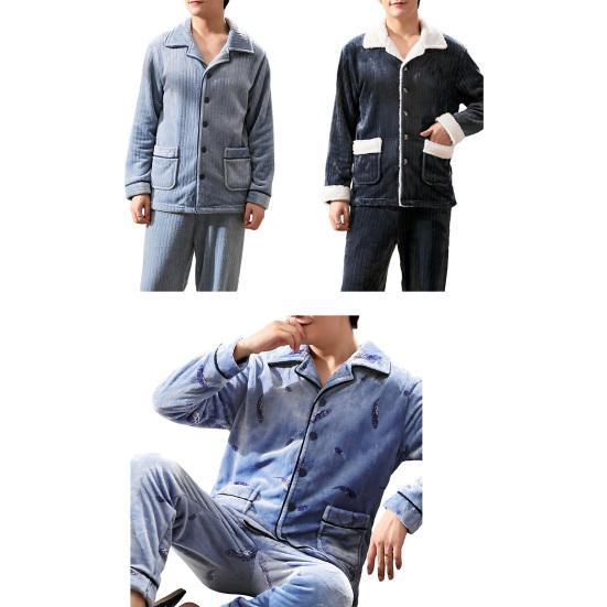 2 Pcs/Set Men Winter Pajamas Set Lapel Thick Striped Single-breasted Loose Elastic Waist Warm Soft Pockets Solid Color Men Homewear Top Pants Set