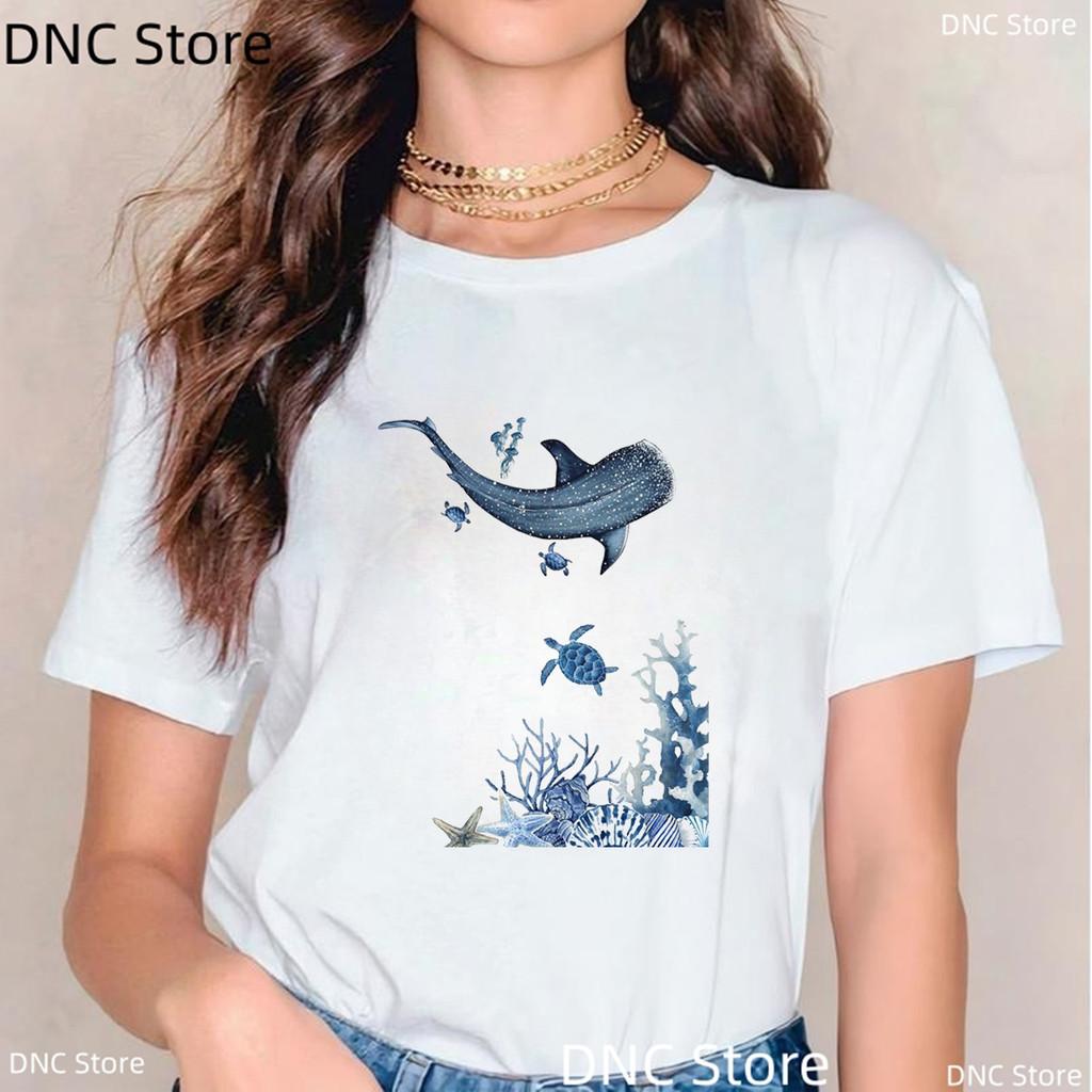 New Women Shark T Shirt Watercolor Shark Shirts,Manta Ray, Marine Creatures, Whale Print Tshirt,Summer Beach Vacation Tshirt Top