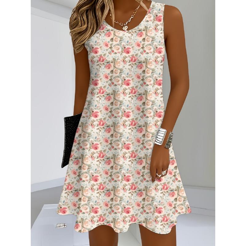 

Женское платье А-силуэта с круглым вырезом, без рукавов, с принтом, Ткань, Цветочный узор (Розы) 5XL