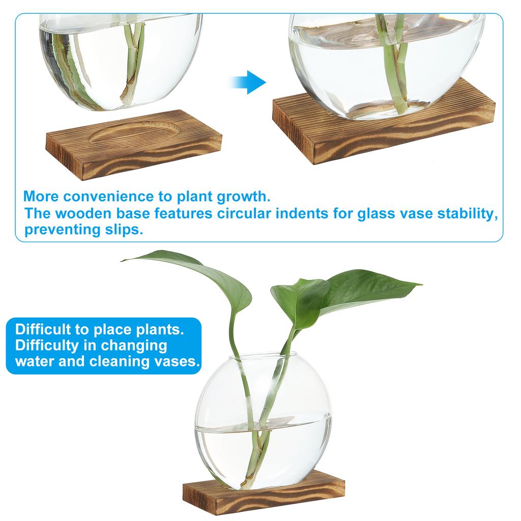 2pcs Hydroponics Glass Vase with Wooden Tray Bud Vases Plant Propagation Station Flower Vase for Bedroom Home Table Decoration