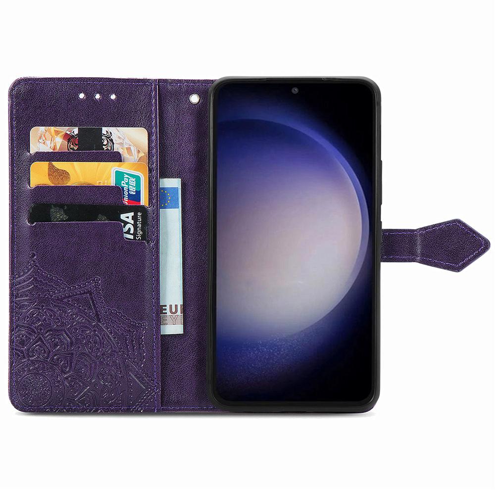 

For Samsung Galaxy S23 FE PU Leather Phone Case Embossed Mandala Pattern Stand Wallet Phone Cover Purple