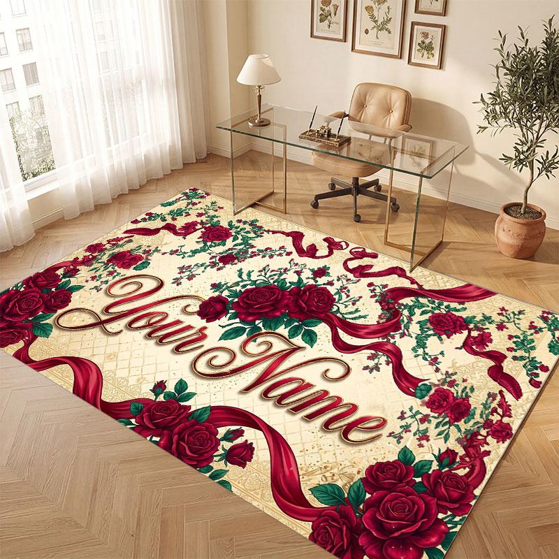 Floral Garden Theme Crystal Velvet Floor Rug Personalized Custom Name Text Warm Carpet Home Decoration