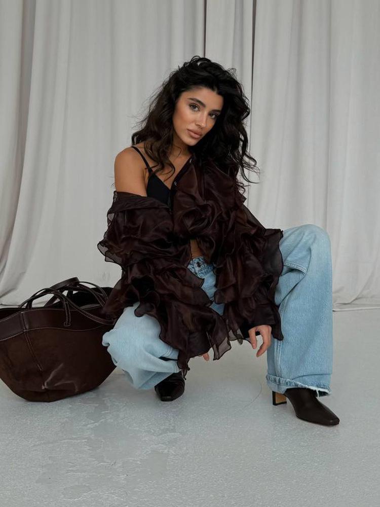 Women's Retro Tulle Irregular Ruffle Shirt - 2025 Collection