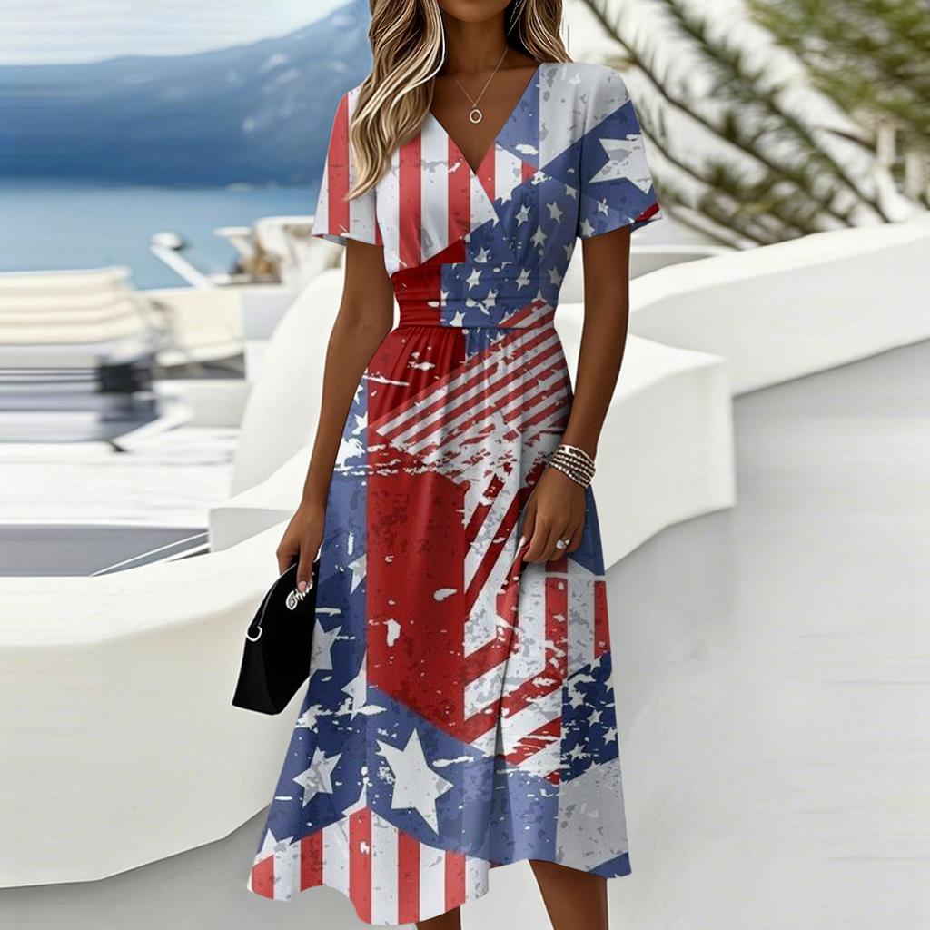 Women's Independence Day Print Casual Fashion Short Sleeve V-Neck Dress