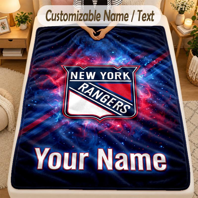 Flannel BlanketNew York Rangers Custom Name Text Personalized Soft Warm Throw Blanket Home Decor Gift