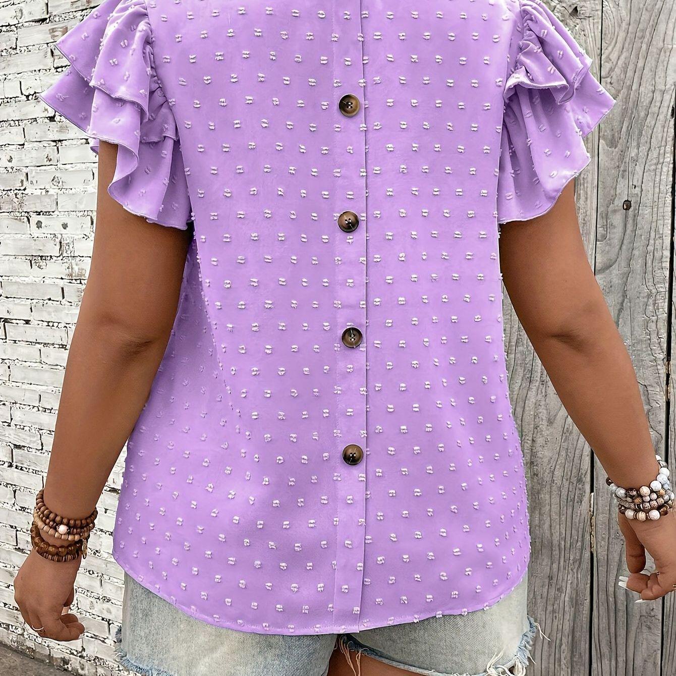 

Plus Size Women s Ruffle Short Sleeve Top with Back Button Detail 5XL фиолетовый