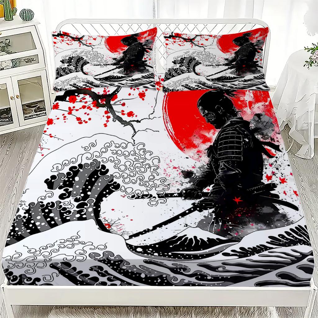 Japanese Samurai Print Fitted Sheet Set 100% Polyester Microfiber Mattress Covers Breathable Bedding Set With 2 Pillowcases