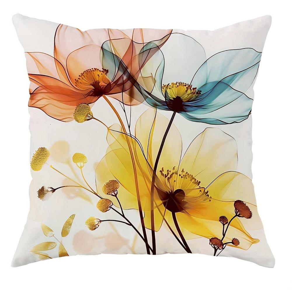 Spring Watercolor Yellow Blue Pink Flowers Pillowcasebedroom Sofa Decorative Cushion Cover With Zipper Soft Cushion Cover