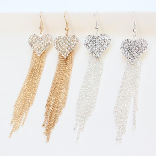 Elegant Women s Rhinestone Heart Tassel Stud Earrings