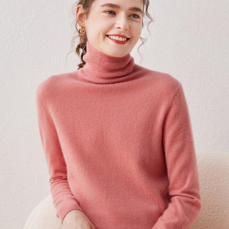 Women’s Cashmere Pile Collar Sweater - High Collar, Knitted, Loose Fit, Slim Inner Layer
