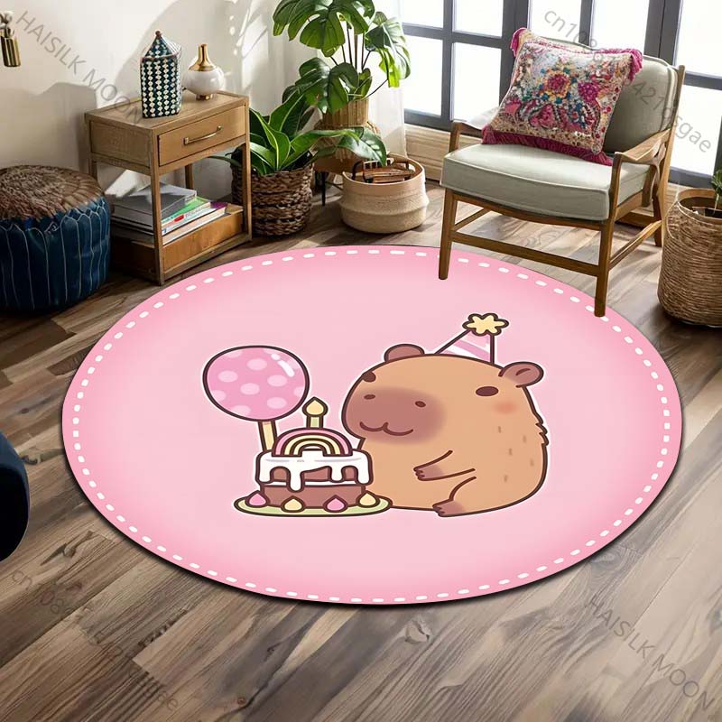 1PC Cute Capybaras Cartoon Print Round Carpet Floor Mat Suitable for Children's Bedroom Decor Living Room Round Rugs for Gifts