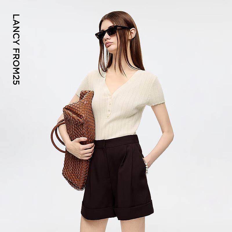 Eileen Elitee Cotton Blend V-Neck Slim Fit Short Sleeve Knit Top