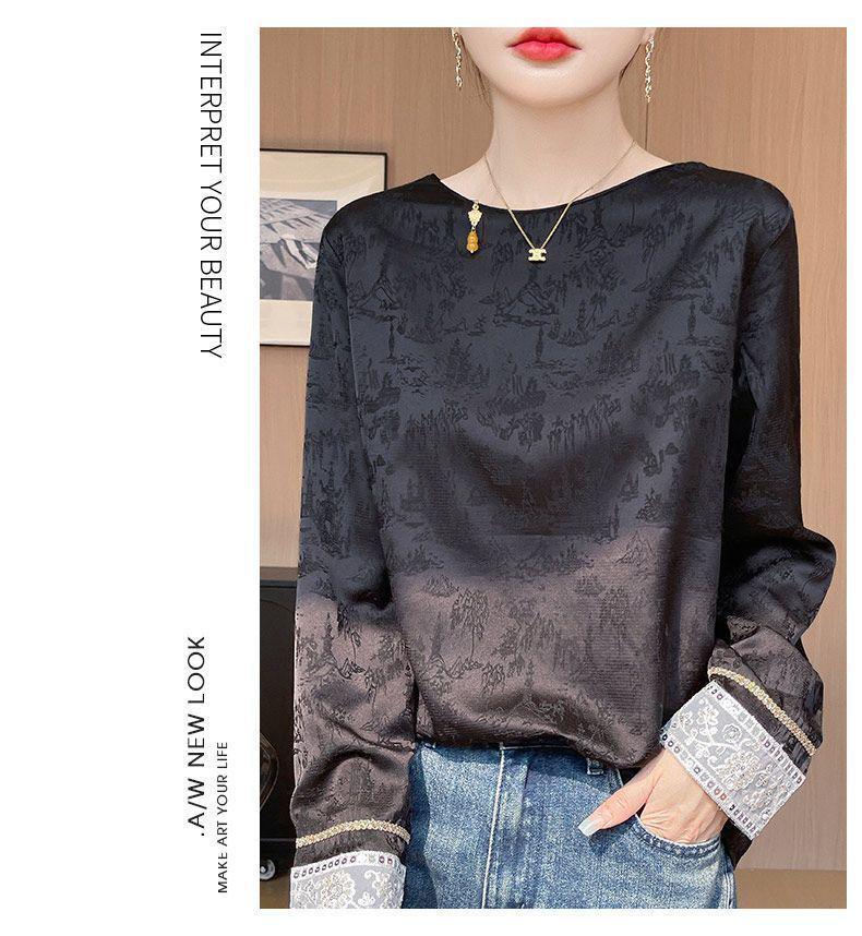 Spring New Heavy Embroidery Jacquard Long Sleeve Retro Chinese Style Round Neck Plus Size Women's Top