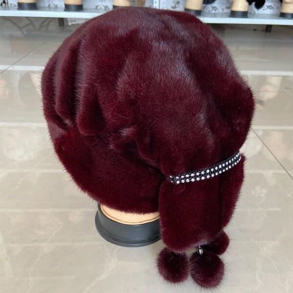 New Luxury Women Elegant Mink Fur Hat Whole Skin Real Fur Hat Full Pelt 3 Balls Diamond Tails Hat Big Warm Women Fur Hat