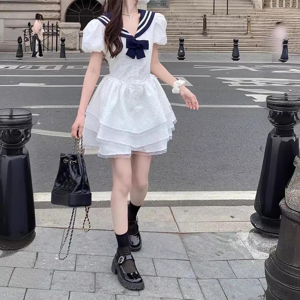Elegant Petite White Puff Sleeve Dress for Women - Summer College Style, Waist-Cinching, Fluffy Princess Skirt