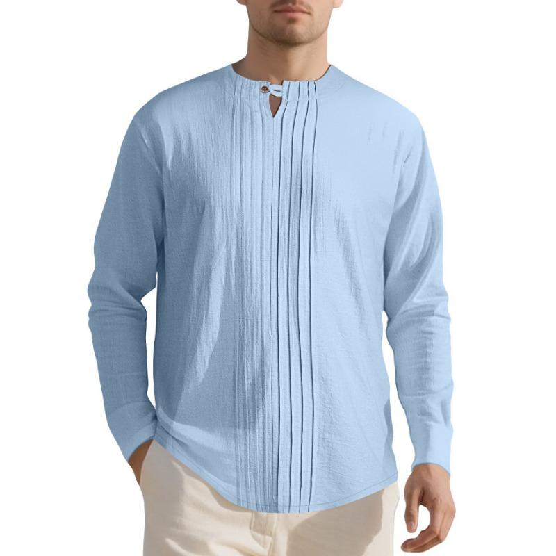 New Men's Casual Loose Long-sleeved T-shirt TK Press-pleated Cotton Linen Henry Collar Linen Beach Shirt