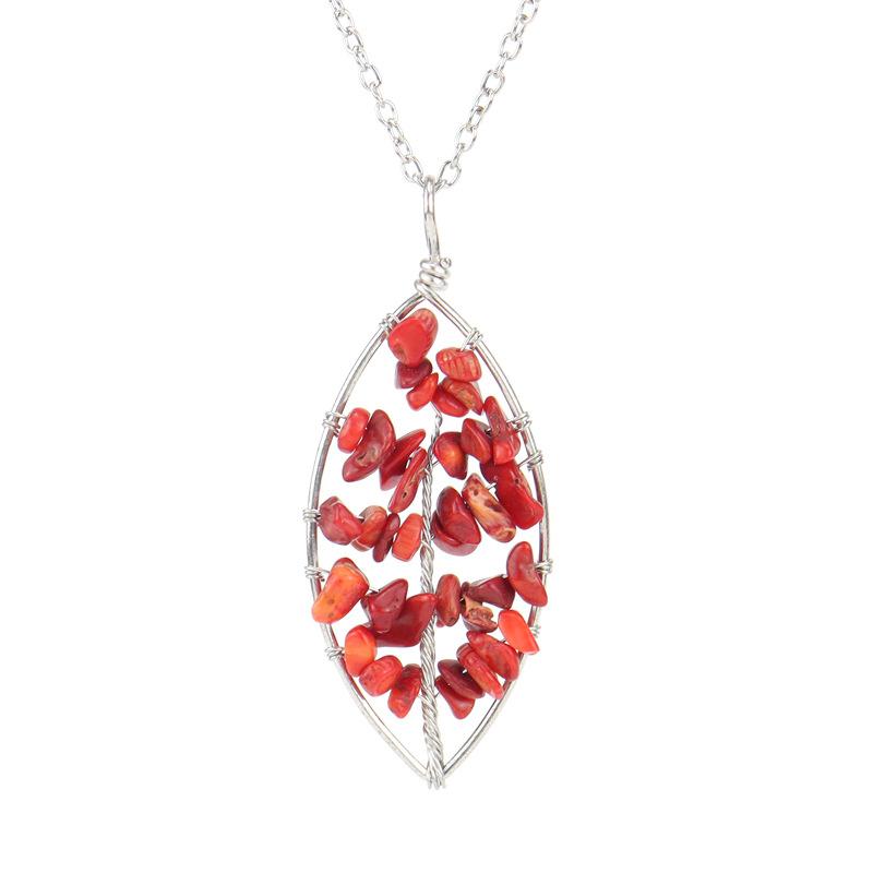 Hand-Wound Curved Silver Natural Gravel Tree Of Life Crystal Leaf Necklace N11 Pendant