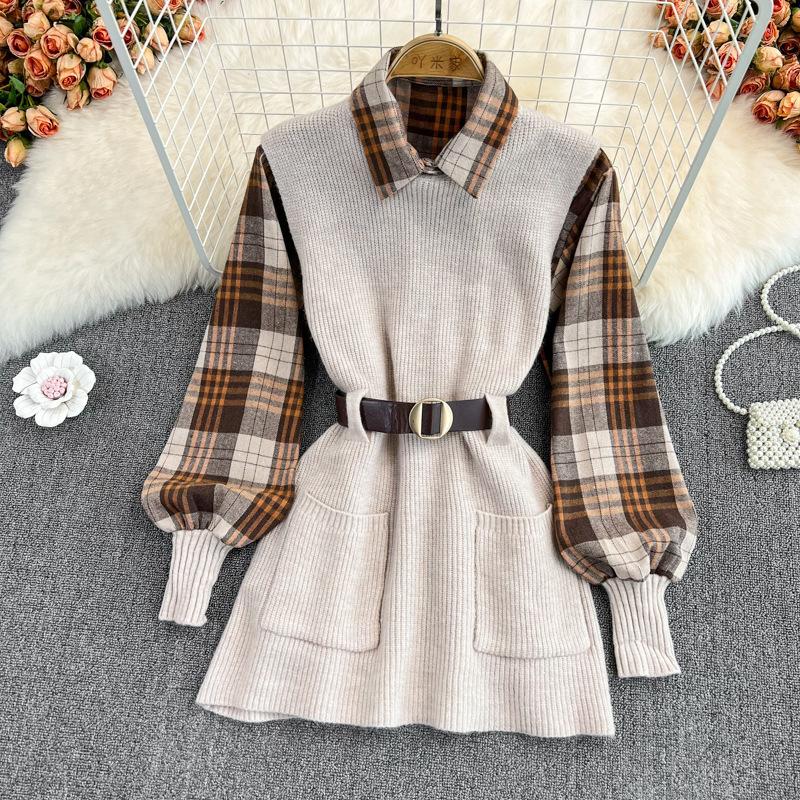 2025 Autumn and Winter New Two-piece Set Waist Plaid Shirt Vest Fashion Suit Knitted Sweater Women