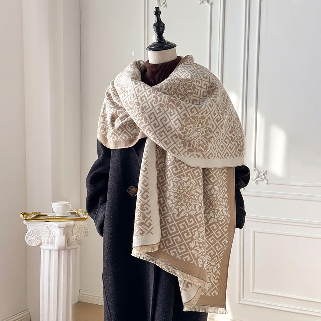 Scarf Women'S Winter High Sense Versatile Imitation Cashmere Scarf Labyrinth Grid Shawl With Dual-Purpose Warm Scarf