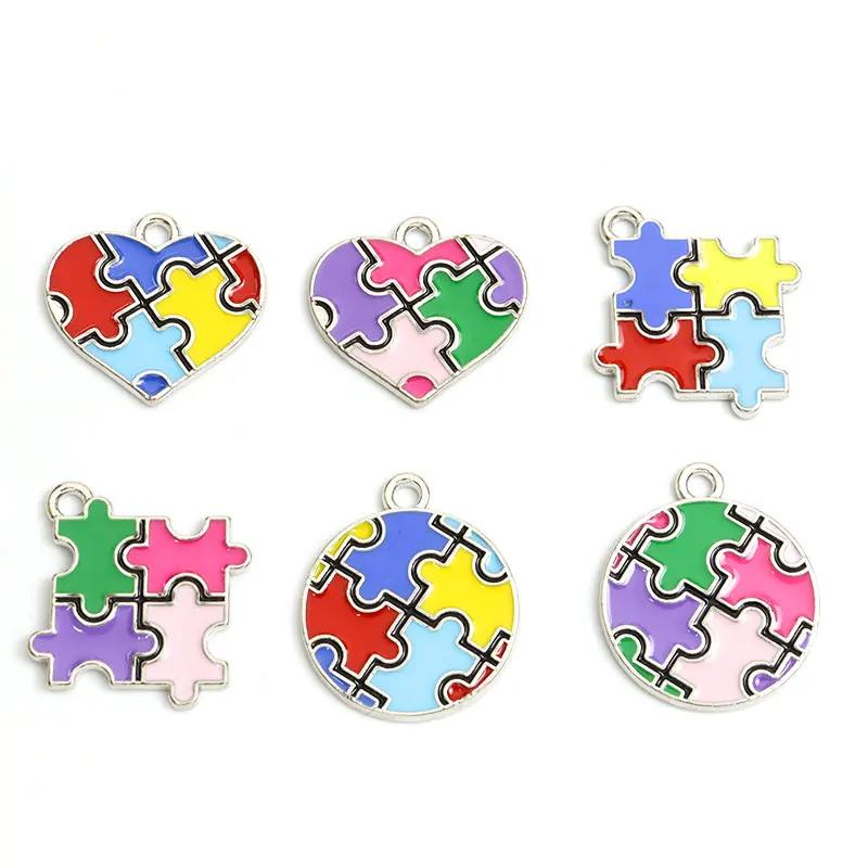 Enamel Charms Heart Shaped Round Irregular Puzzle Alloy Pendants for DIY Necklace Bracelet Earrings Keychain