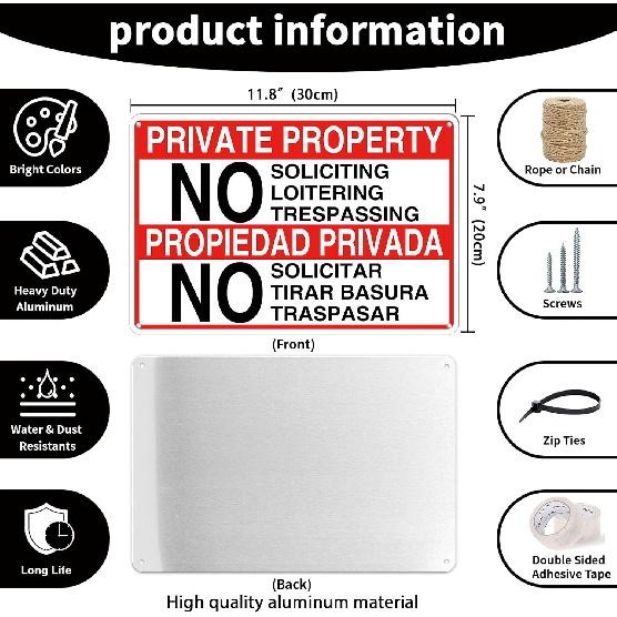 Señal "Private Property No Soliciting No Loitering No Trespassing" - 7.8" x 11.9" Letrero de aluminio resistente en contraste en inglés y español
