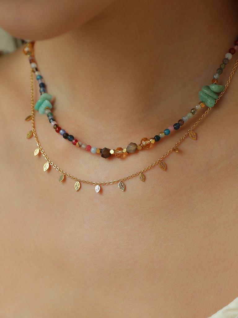 1Pcs Simple And Versatile Zircon Beaded Necklace Leaf Necklace Set Layered Necklaces Women'S Jewellery