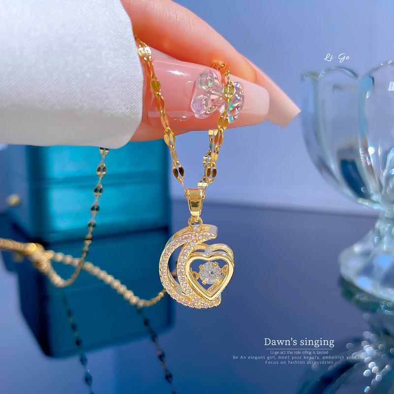 Light Luxury Moon Love Smart Micro Inlaid Real Gold Necklace Women'S Transfer Collarbone Chain With Jewelry