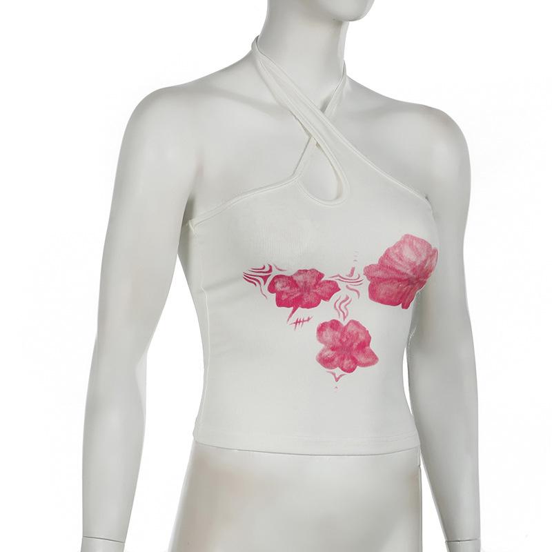 Asymmetrical Halter Crop Top y2k Floral Print Sleeveless White Tank Tops Women Basic Tees Vintage Sexy Camisole Harajuku