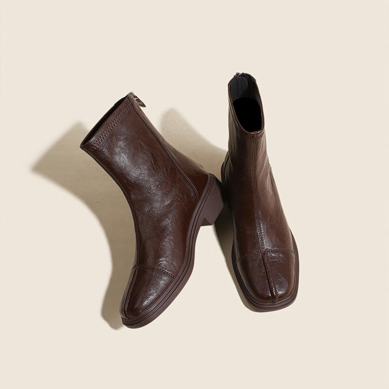 Washed Cowhide~ British Folded Chelsea Boots Brown Fleece Martin Boots Women's Early Autumn Short Boots Skinny Boots