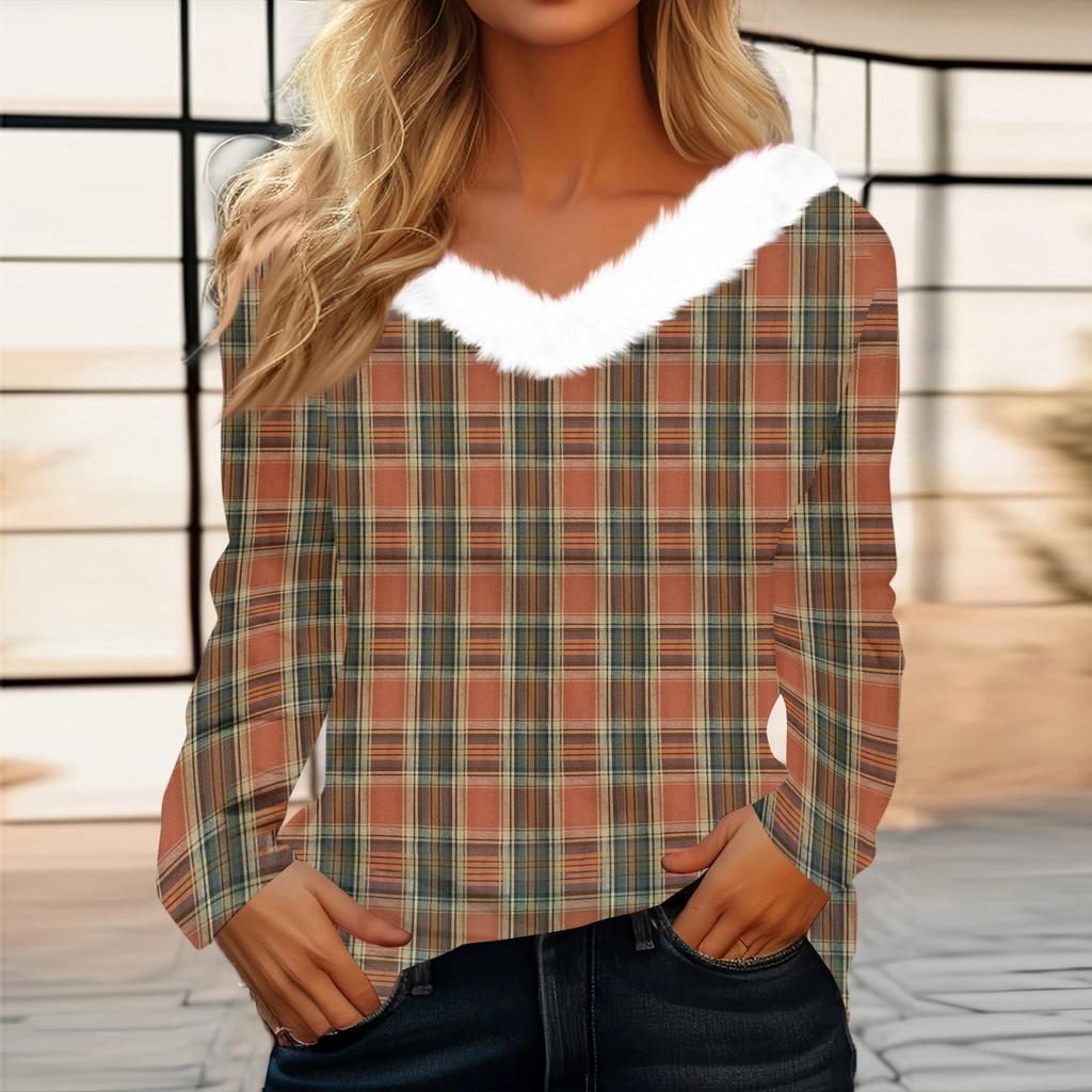 Women's Fashion Long Sleeve Plaid Print Fleece Collar V-Neck Top