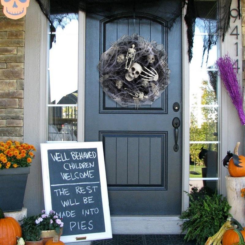45cm Halloween Door Wreath, Spider Web Skeleton Black Halloween Wreaths for Scary Halloween Decorations Indoor Outdoor