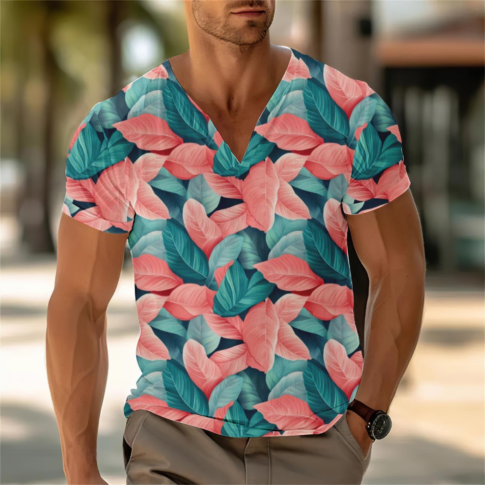 Мужской повседневный топ с V-образным вырезом и короткими рукавами свободный повседневный модный топ для отдыха XL розовый 1415₽