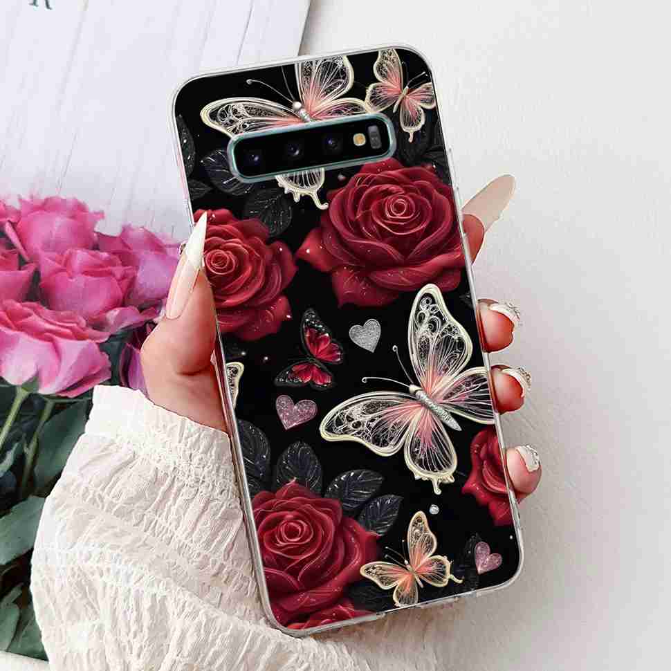 For Samsung Galaxy S10+ Case Fashion Design Soft Silicone TPU Back Cover For Samsung s10+ S10 Plus Butterfly Rose Phone Shell