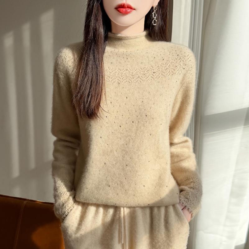2026 A/W Wool Sweater: Thickened Roll Edge, Half-High Collar, Long Sleeve, Hot-Fix Rhinestone, Hollow-Out Knitwear.