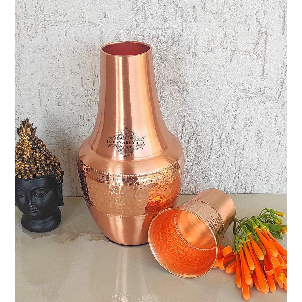 Pure Copper Printed with Health Benefits, Inbuilt Glass, Bedroom Water Bottle for Storage Purpose (Half Hammered Surahi Shape, 1300 ml) Set of 1