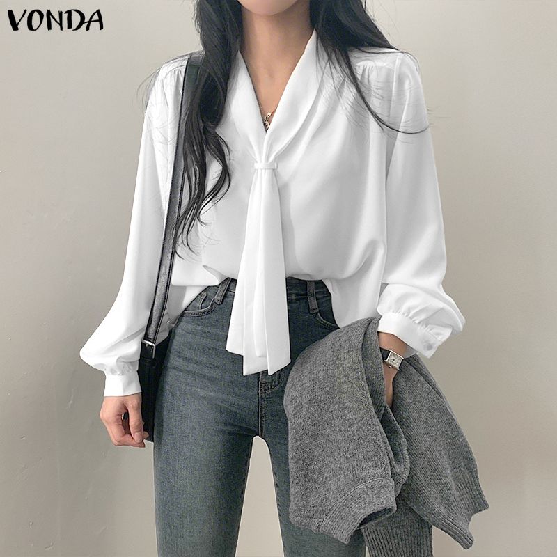 VONDA Womens Casual Tie Up V Neck Long Sleeve Casual Office Shirts Blouse