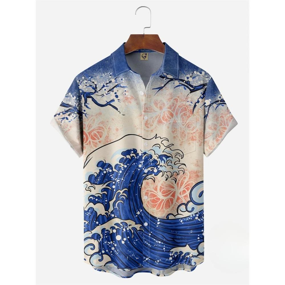Nowe Koszule Hawajskie Męskie Krótki Rękaw Styl Japoński Grafika 3D Fala Ukiyo Clothes Letnia Ubrania Streetwear Męskie Koszule