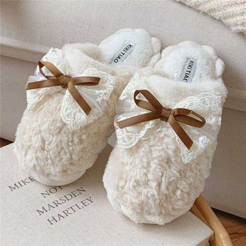 Winter Cotton Slippers Women Student Bow Thick Sole Anti Slip Warm Home Casual Versatile House Slippers